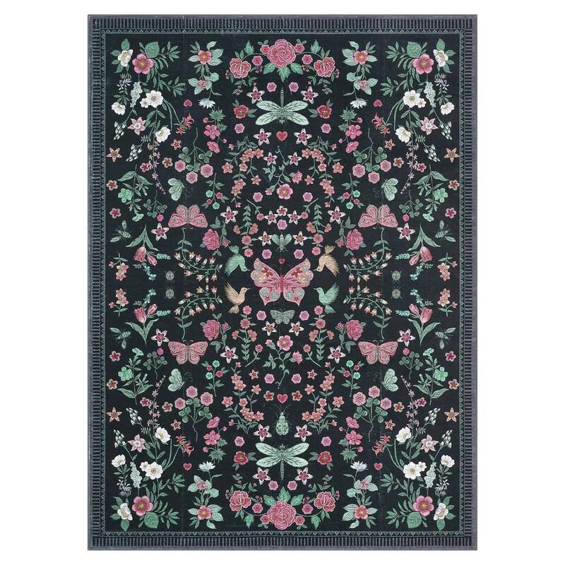 Modern Floral Machine Washable Indoor Waterproof Area Rug for Bedroom, Living Room, Black - 2' x 3'