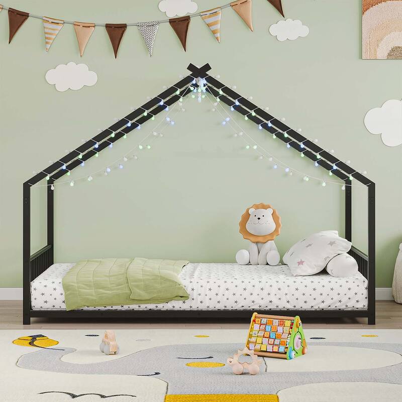 Platform Bed with LED light strips,roof-shaped iron frame,and low profile design for safety and style - Black-Twin Size