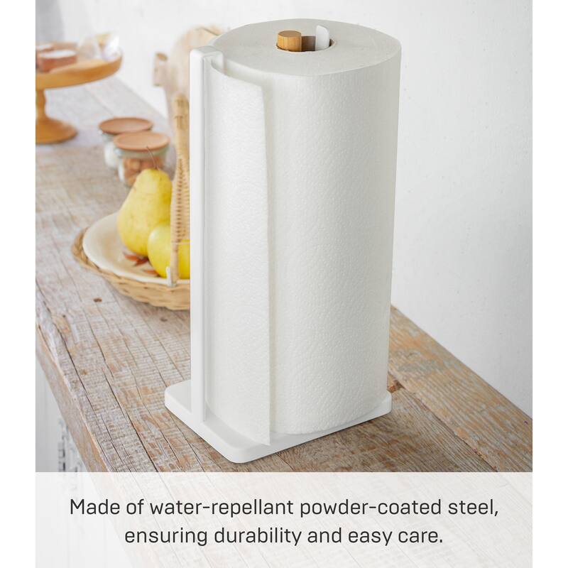 Yamazaki Home Paper Towel Holder, Steel and Wood - L 4.53 x W 6.1 x H 12.2 inches