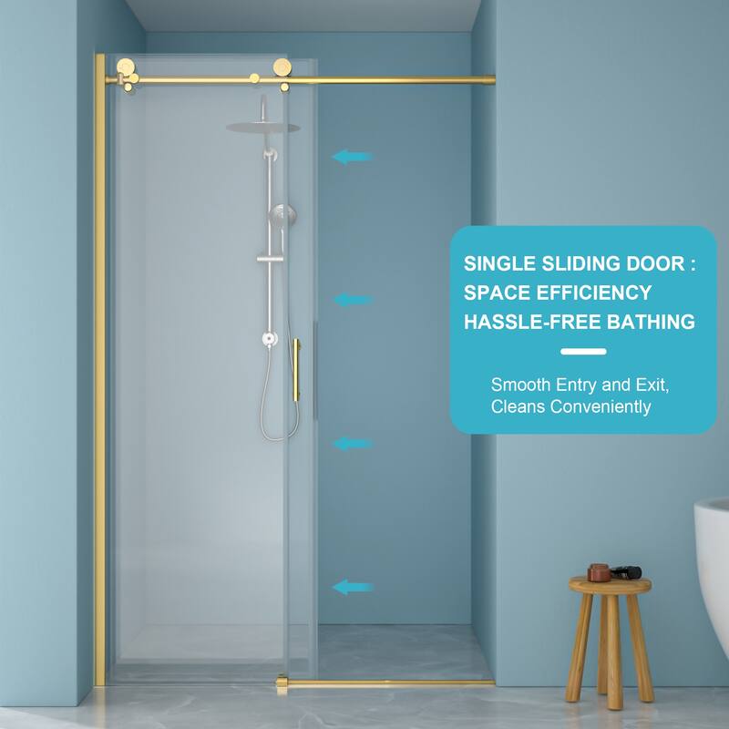 48"W x 76"H Gold Stainless Steel Single-Slide Shower Door with 8mm Tempered Glass – Reversible Left or Right Installation
