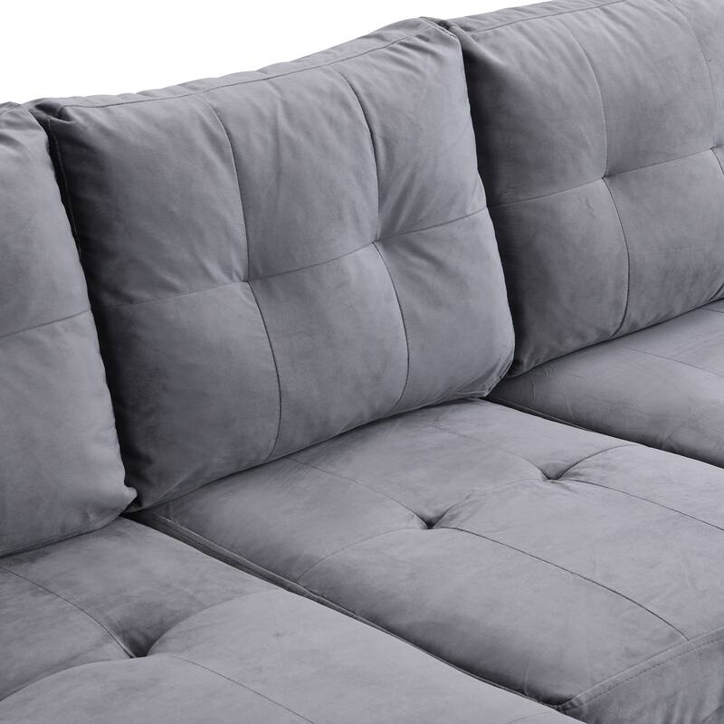Lshape 4 Seat Sectional Sofa Set Grey Velvet Couch Set for Living Room