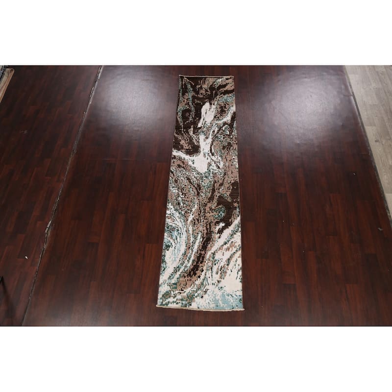 Wool/ Silk Abstract Vegetable Dye Oriental Runner Rug Hand-knotted - 2'7" x 10'2"