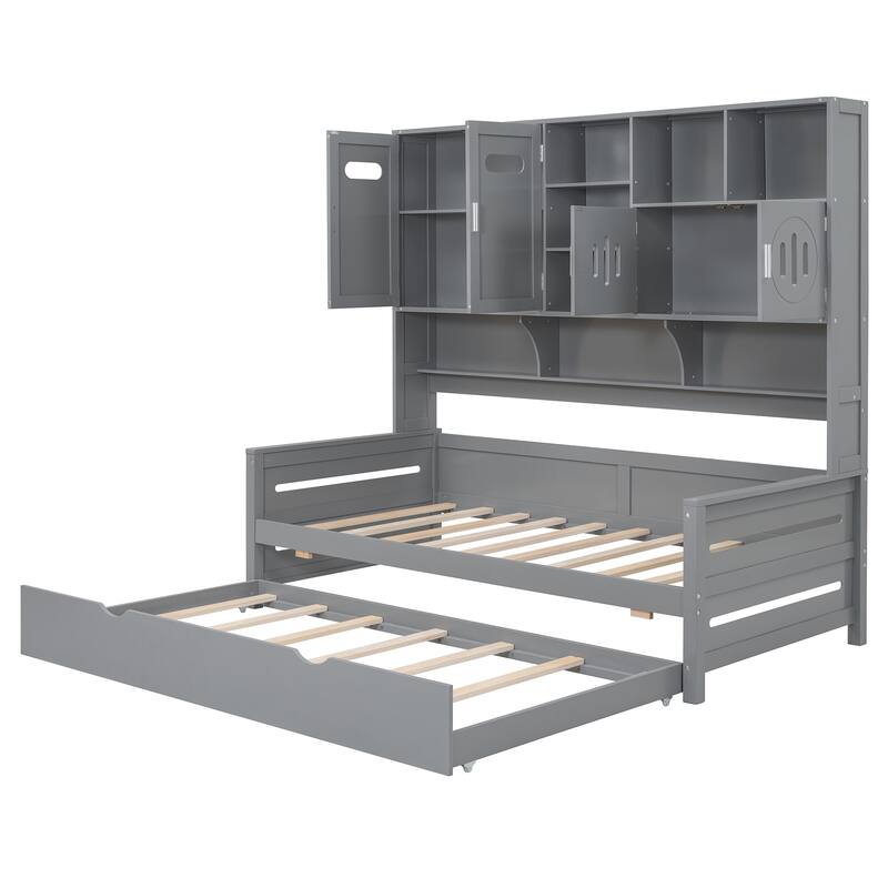 Full Size Wood Daybed with Built-in Storage Cabinet, Open Shelves & Twin Trundle Bed, Space-Saving Multi-Functional Frame