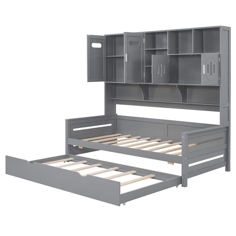 Twin Daybed with Trundle, Storage Cabinet, and Shelves, Sturdy Pine Wood Frame