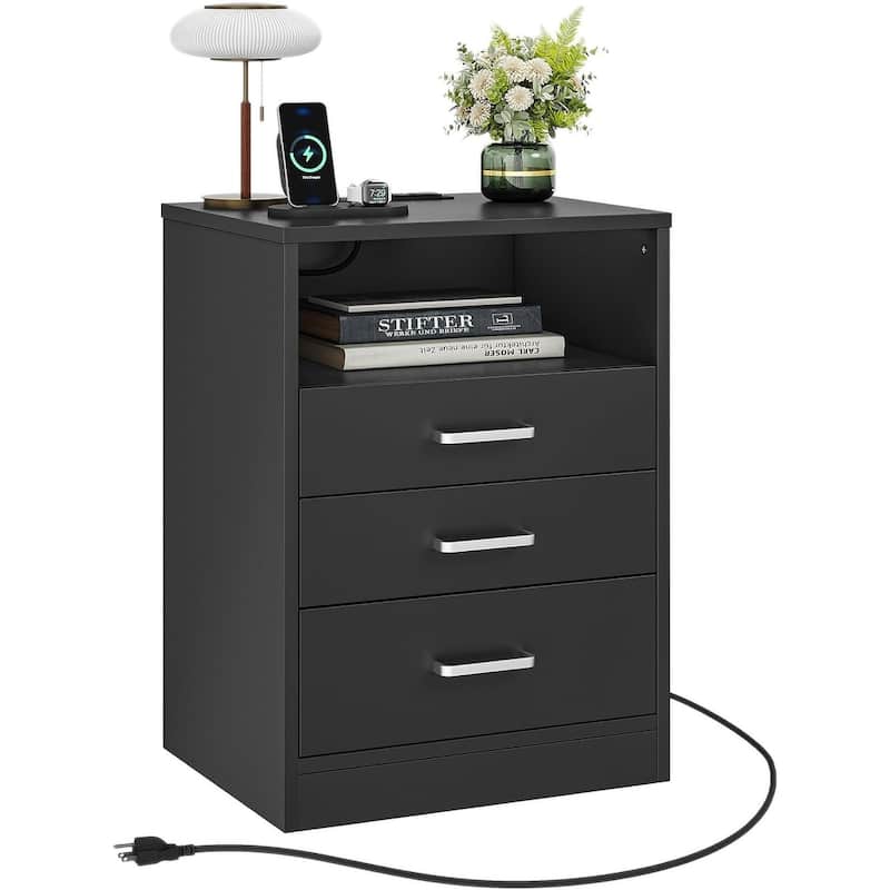 Nightstand 3 Drawers Open Storage Charging Station