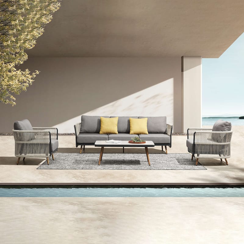 HIGOLD BAY 4-Piece Outdoor High-Back Seating Conversation Set with Cushions, Aluminum - 4 Pieces - 4 Pieces - Grey&Beige