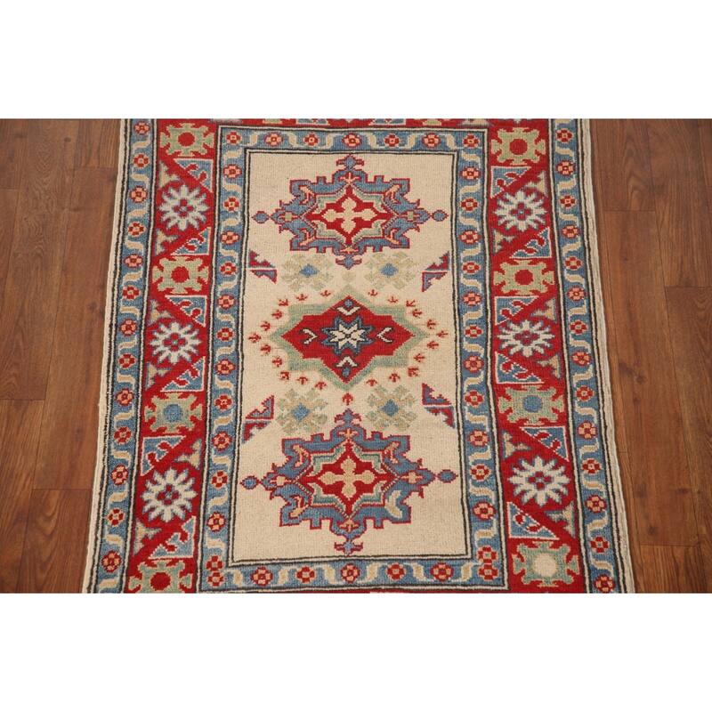 Geometric Grey Kazak Foyer Rug Hand-Knotted Wool Carpet - 2'6" x 3'11"