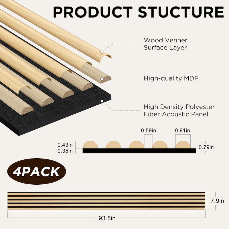 93.5" x 7.9" Slat Acoustic Wall Panels for Ceiling and Wall Decor, 4-Pack (21 sq ft)
