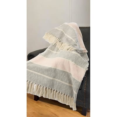 50" X 60" Gray Woven Cotton Striped Throw Blanket with Tassels