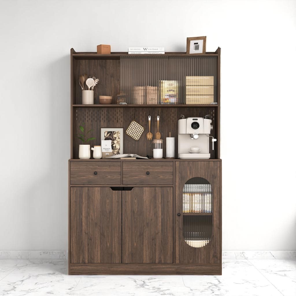 71" Kitchen Bakers Rack with Storage, Microwave Stand, Pegboard Hooks, and Display Cabinet with Glass Doors