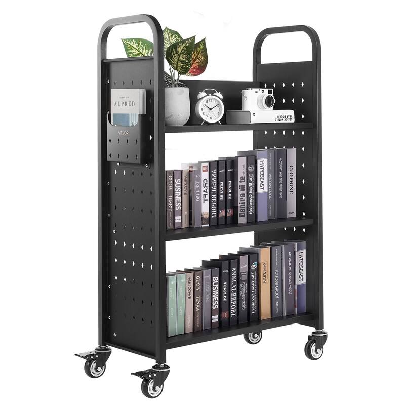 Black 3-Tier Rolling Book Cart with Locking Casters and Large Capacity - 30.3 x 15 x 48.0 in