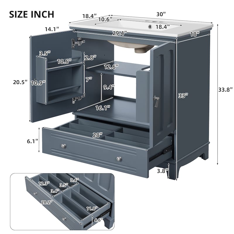 30" Bathroom Vanity with Integrated Ceramic Sink, Adjustable Shelf, Drawer with Divider and Solid Wood Frame