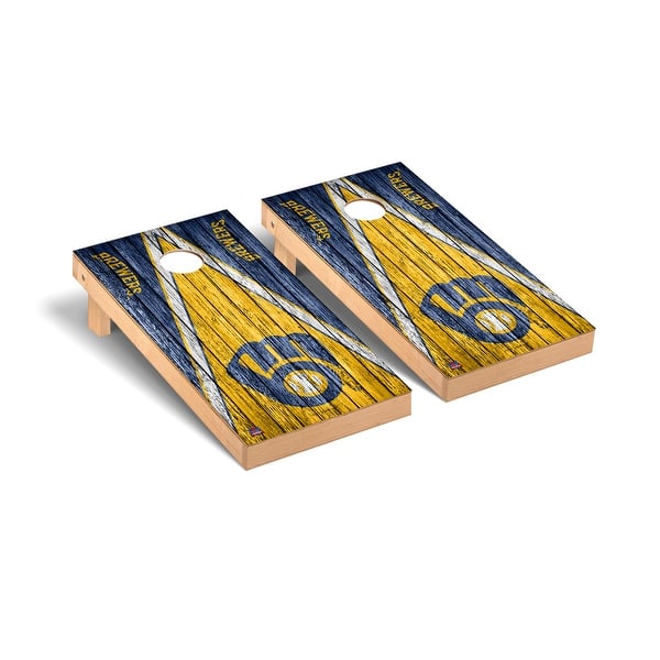 slide 2 of 5, Milwaukee Brewers MLB Triangle Cornhole Board Set Include Carrying Case