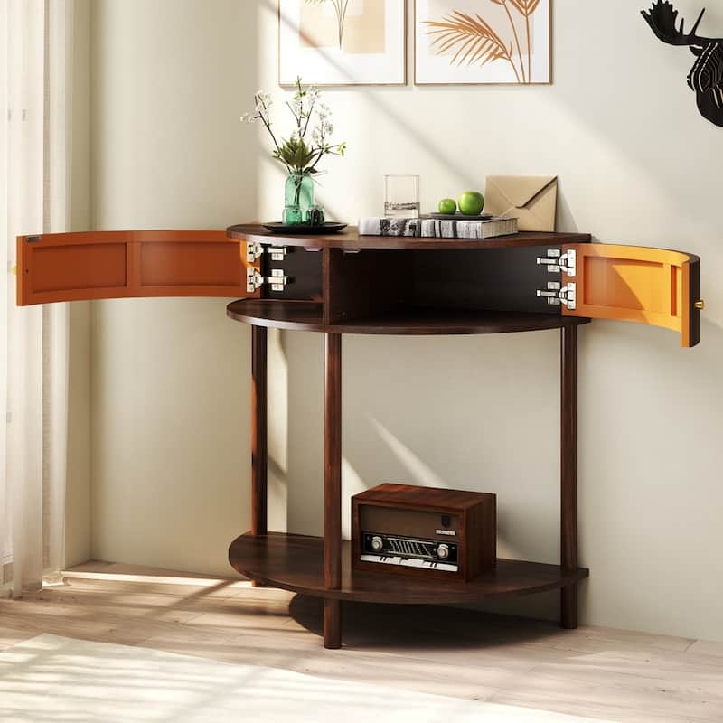 Half Moon Design End Table with Sliding Rattan Door
