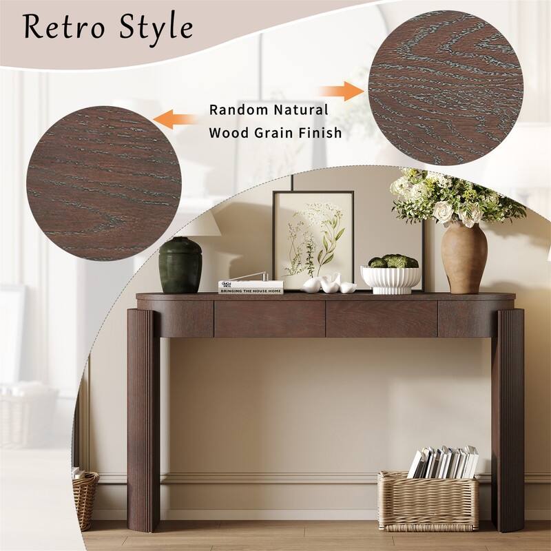 Modern Console Table with 2 Drawers and Oval Top, Entryway Table Sofa Table with Fluted Design and Natural Wood Grain Finish