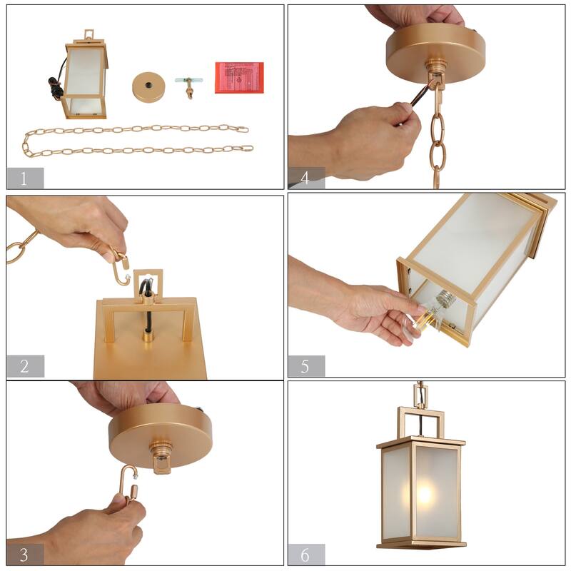 Modern Soft Gold 1-Light Square Frosted Glass Outdoor Hanging Pendant Light for Porch - D 5.5" x H 13.8"