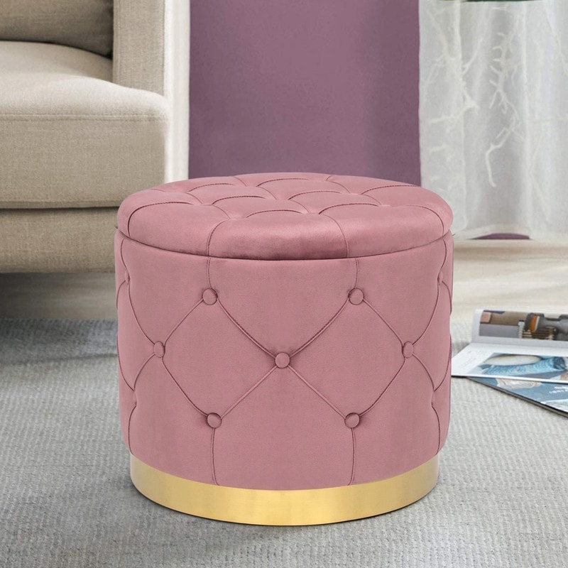 Adeco Round Velvet Storage Ottoman Multi-Function Vanity Footstool