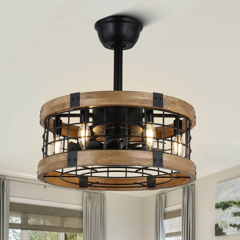 CurveCurio 20" Ceiling Fan Fanlight Soild Wood Frame w Metal Accents 6 Light 3 Fan Speed Quiet Fan w Remote - 18" *18" * 13" - 18" *18" * 13" - Matte Black  - Remote