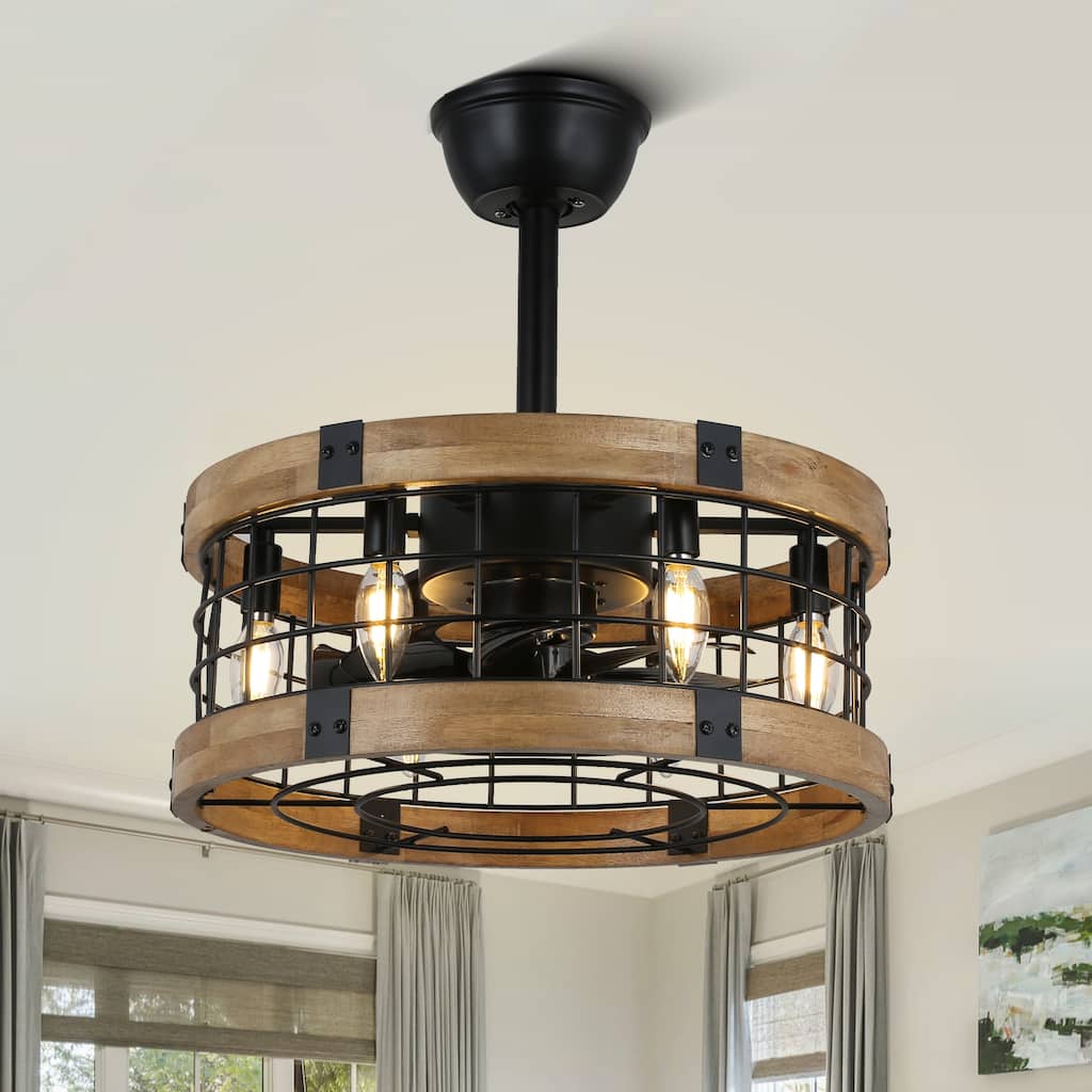 CurveCurio 20" Ceiling Fan Fanlight Soild Wood Frame w Metal Accents 6 Light 3 Fan Speed Quiet Fan w Remote - 18" *18" * 13"