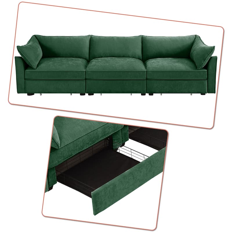 Chenille Fabric Upholstered Three-Seater Sofa with Three Under-Seat Drawers