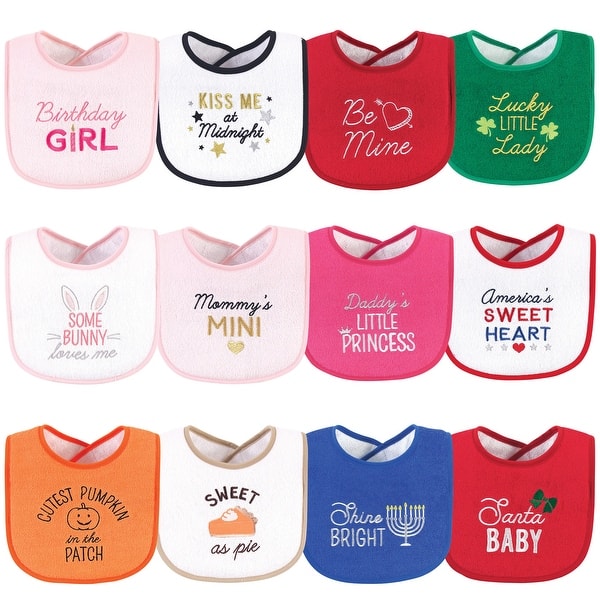 slide 1 of 1, Hudson Baby Infant Girl Cotton Terry Drooler Bibs with Fiber Filling 12pk, Cute Girl Holiday Sayings, One Size One Size - Cute Girl Holiday Sayings