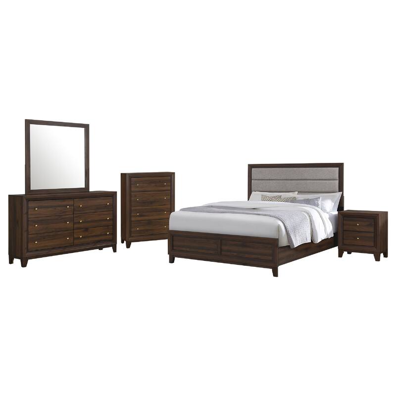 Yels 5 Piece King Bedroom Set, Gray Upholstery, Walnut Brown Wood