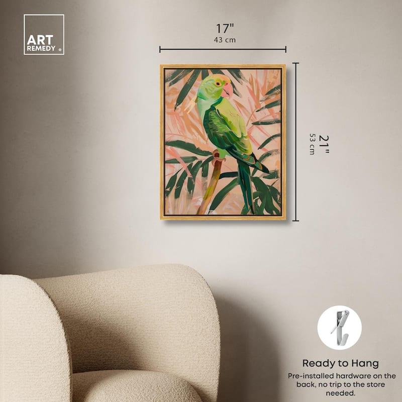 Coral and Green Parrot Canvas by Art Remedy