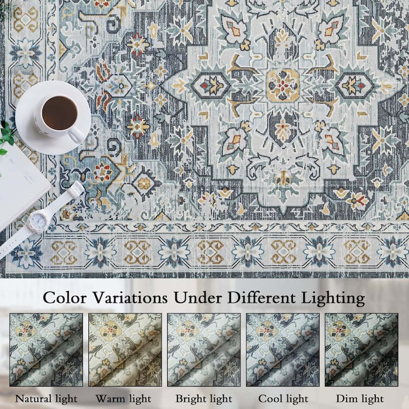 Non-Slip Machine Washable Grey Yellow Cream Multicolor Area Rug