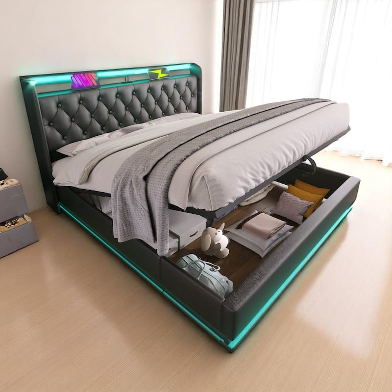 Twin/Full/Queen/King Upholstered Storage Bed with 360掳 LED, USB Type-C Charging, Remote/App Control, Black PU - Black - Full