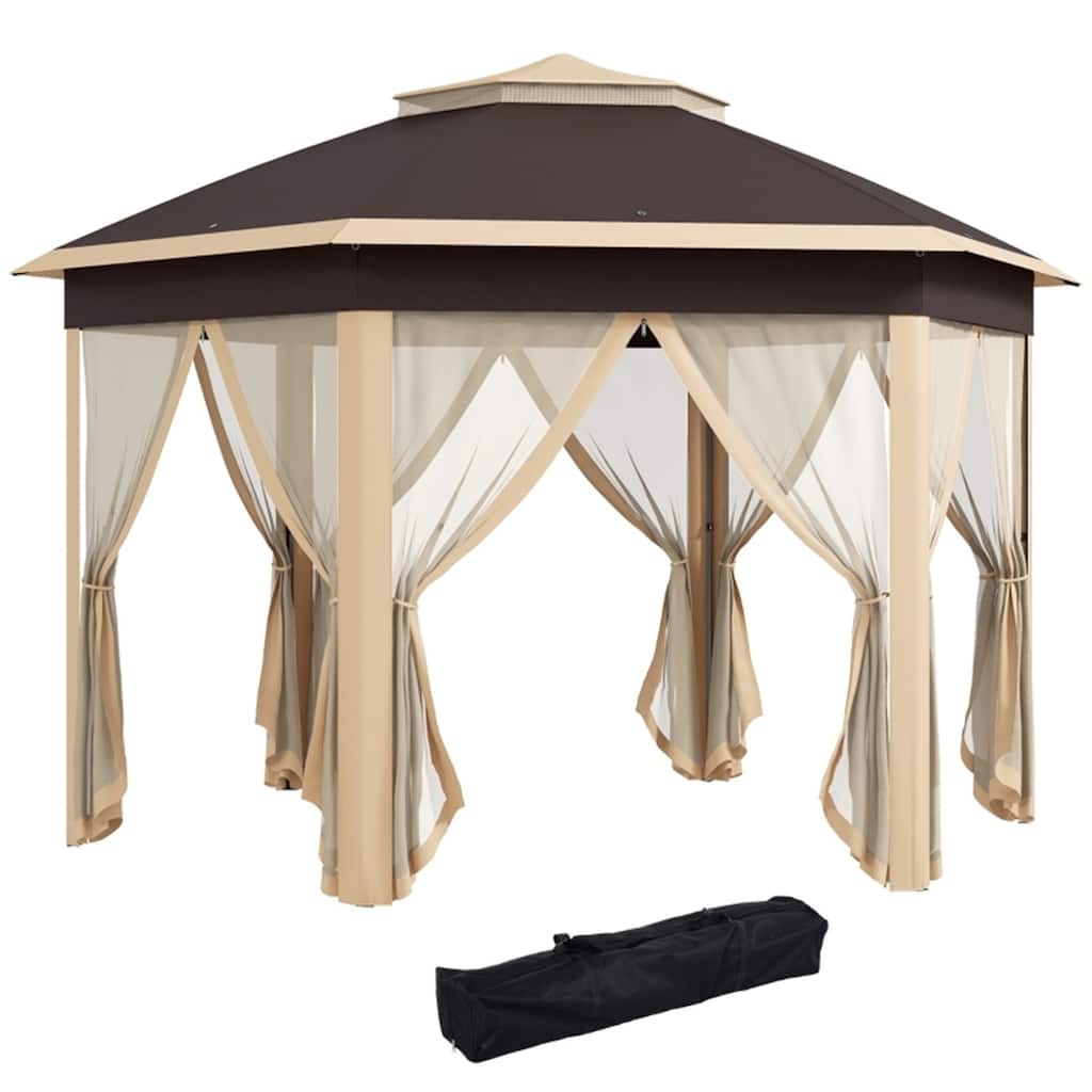 Beige Steel Polyester Mesh Hexagon Pop Up Canopy Tent with Sidewalls - Top Height: 9.4'