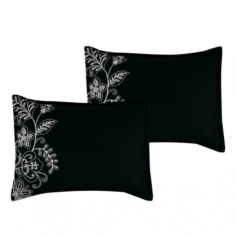 7 Piece Black Floral Comforter Set Embroidery Soft Bedding