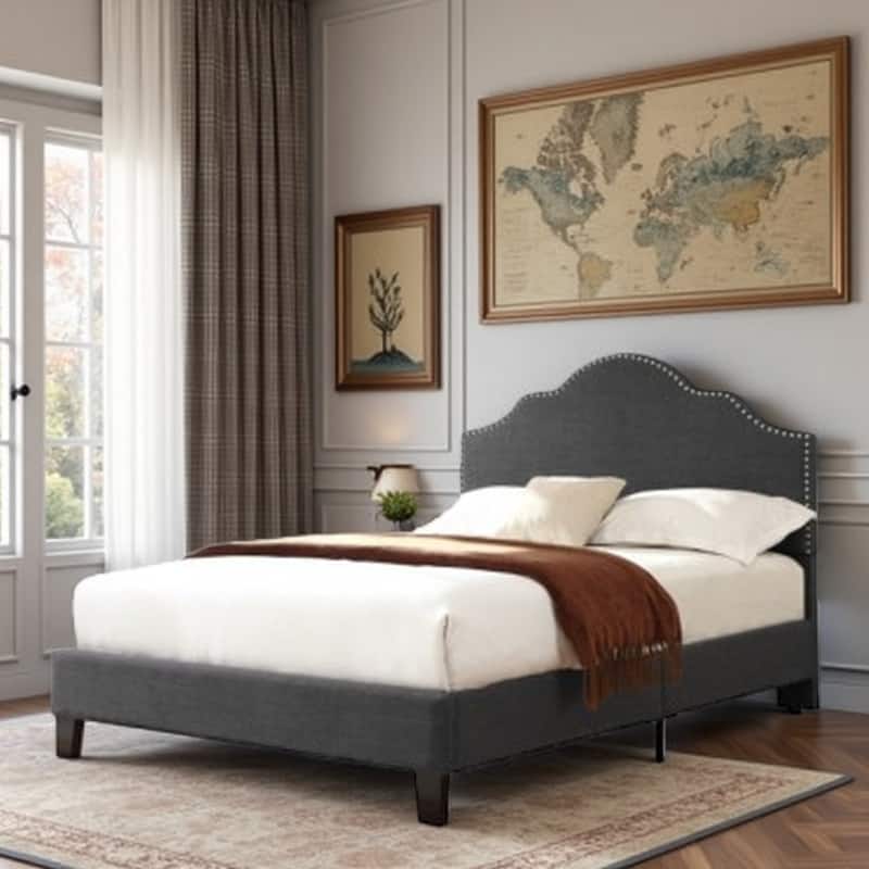 Transitional Gray Queen Size Upholstered Bed Frame in Charcoal with Elegant Design - Queen Gray - Queen