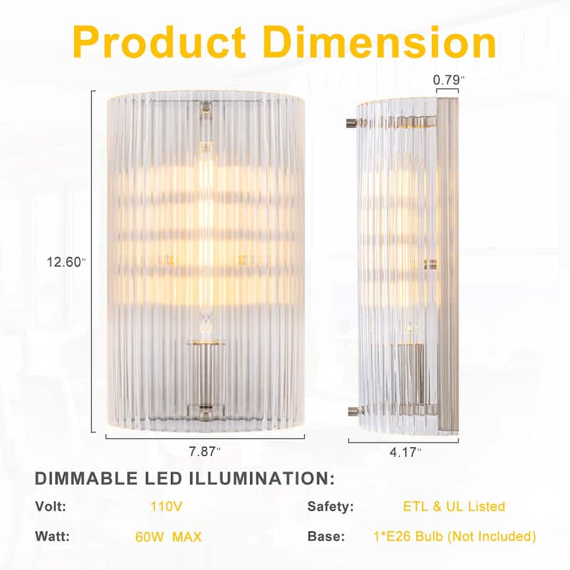 Brushed Nickel Wall Sconce Half-Cylinder Fluted Clear Glass Shade