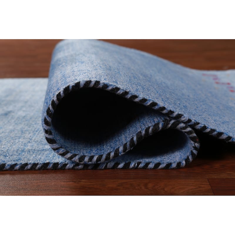 Hand Knotted Oriental 100% Wool Carpet Tribal Animal Pictorial Navy Blue & Blues Gabbeh Runner Rug - 9' 10'' X 2' 6''