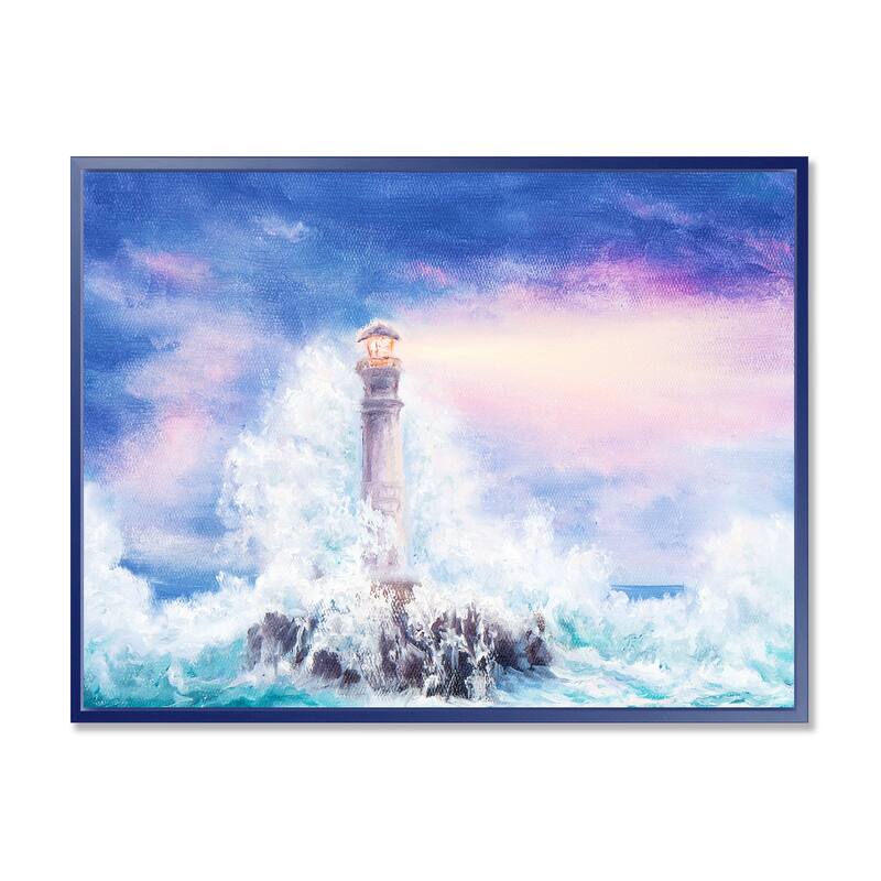 Designart "Lighthouse Wild Blue Ocean Waves" Nautical & Coastal Framed Canvas Wall Art Print