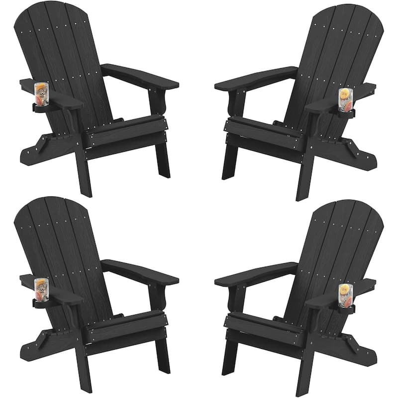 WINSOON All Weather HIPS Oversized Folding Adirondack Chair with Cup Holder - Blackx4