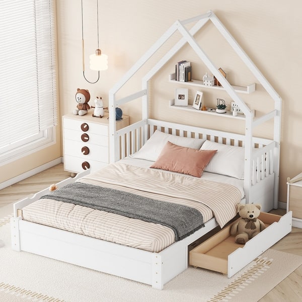 slide 2 of 24, Wood Queen Size House Bed, Kids Platform Bed Frame with Guardrail Headboard, Modern Storage Bed with 2 Drawers White
