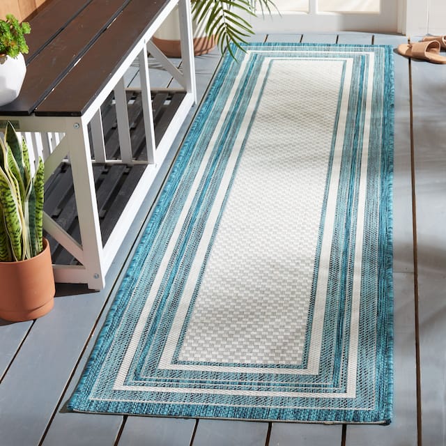 SAFAVIEH Courtyard Vickie Indoor/ Outdoor Waterproof Patio Backyard Rug - 2'3" x 8' Runner - Ivory/Teal