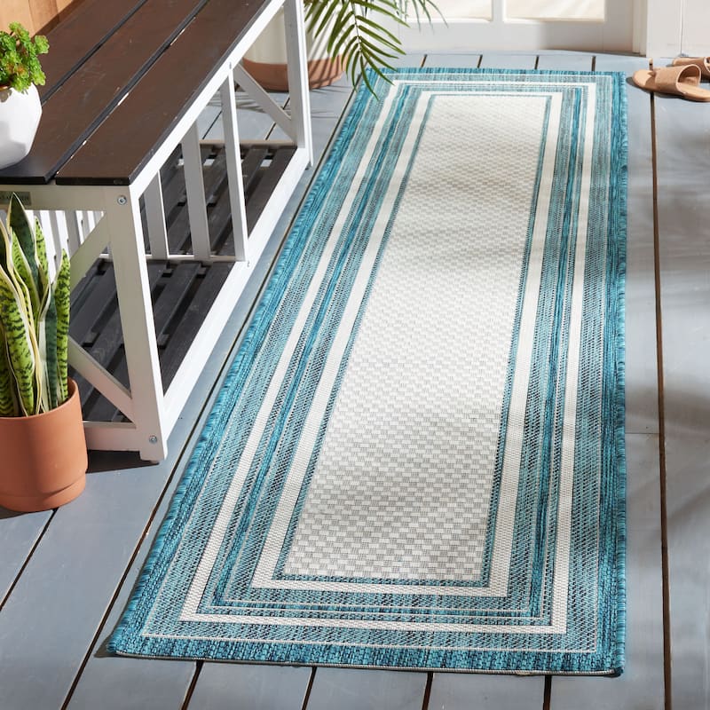 SAFAVIEH Courtyard Vickie Indoor/ Outdoor Waterproof Patio Backyard Rug - 2'3" x 8' Runner - Ivory/Teal