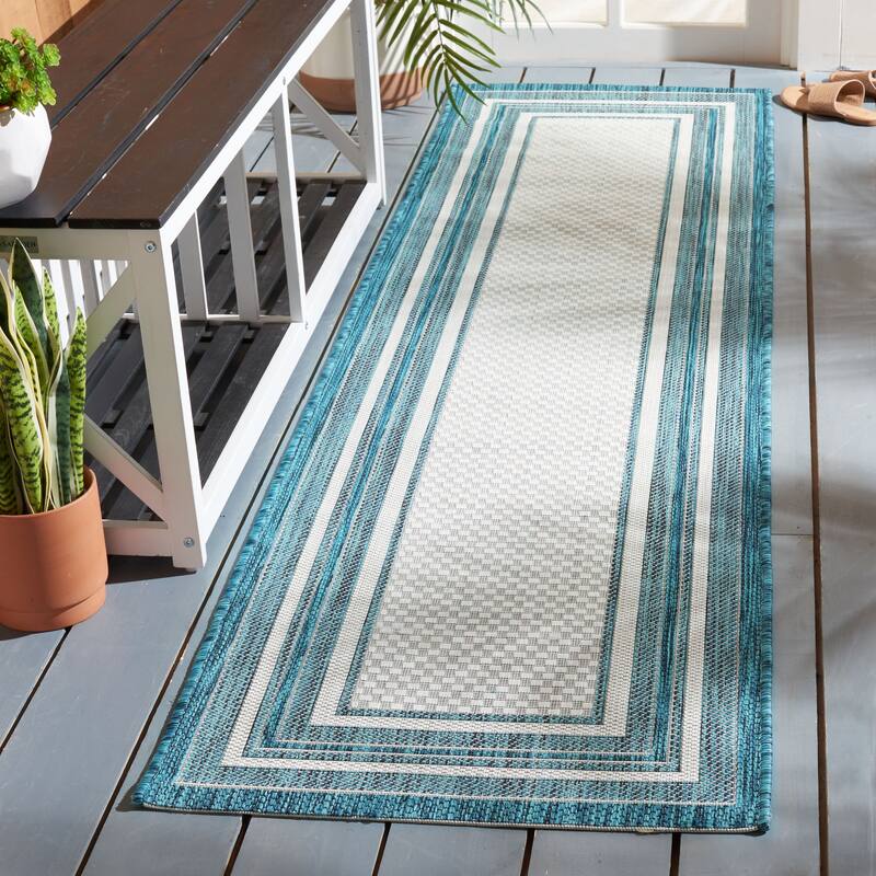 SAFAVIEH Courtyard Vickie Indoor/ Outdoor Waterproof Patio Backyard Rug - 2'3" x 12' Runner - Ivory/Teal