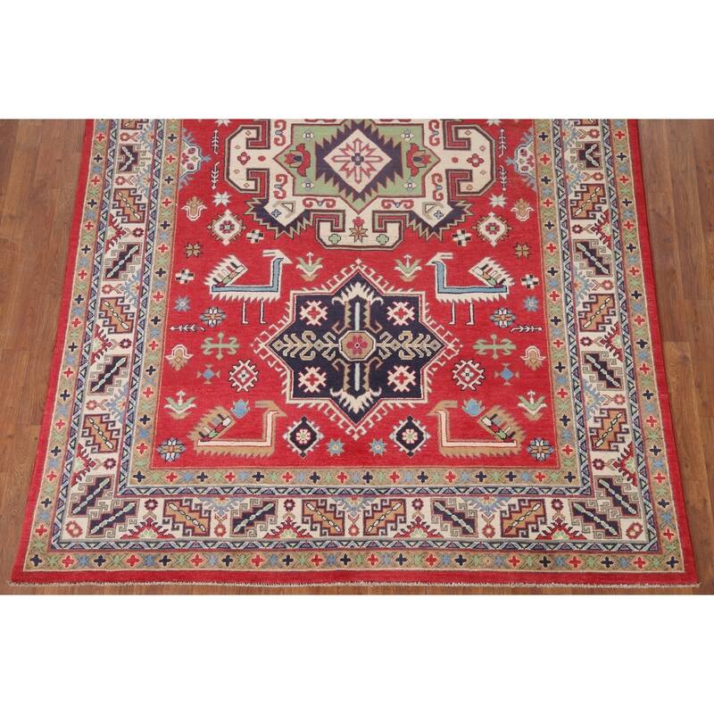 Hand Knotted Oriental 100% Wool Carpet Traditional Geometric Red Kazak Area Rug - 9' 6'' X 6' 4''