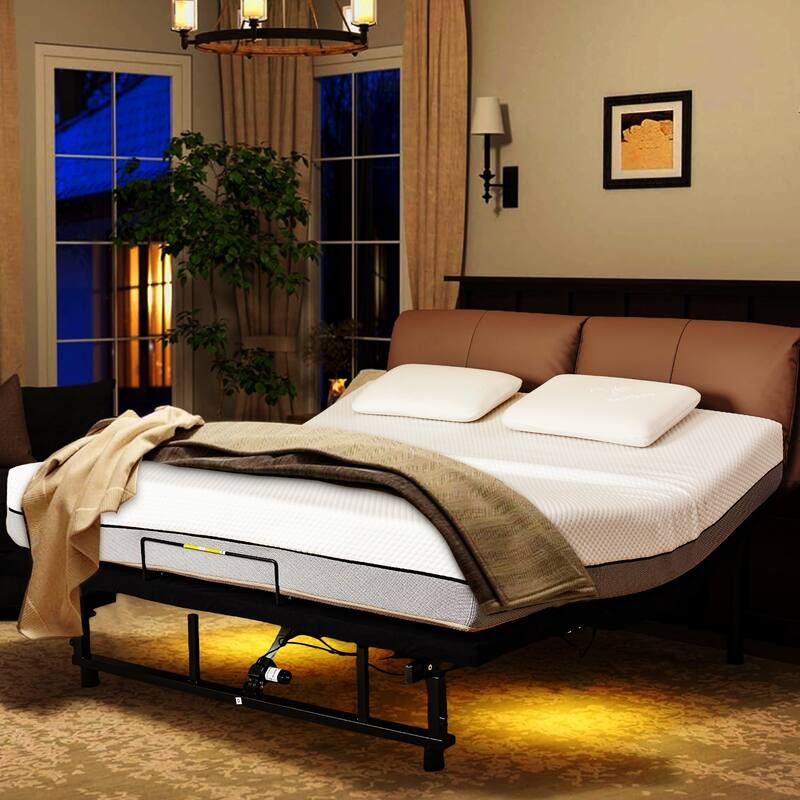 King Size Adjustable Bed Frame with Quiet Motor, USB Ports, and Under-Bed Nightlight