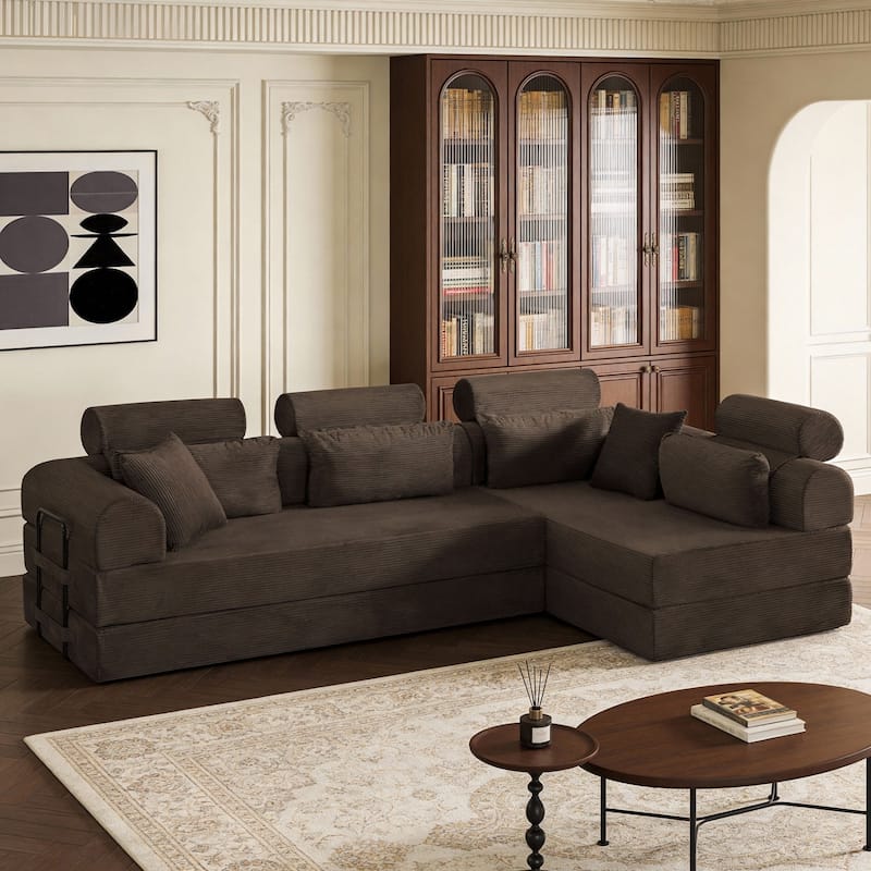 106.3" L-Shaped Corduroy Sectional Sofa with Pillows, No Assembly Required - Brown