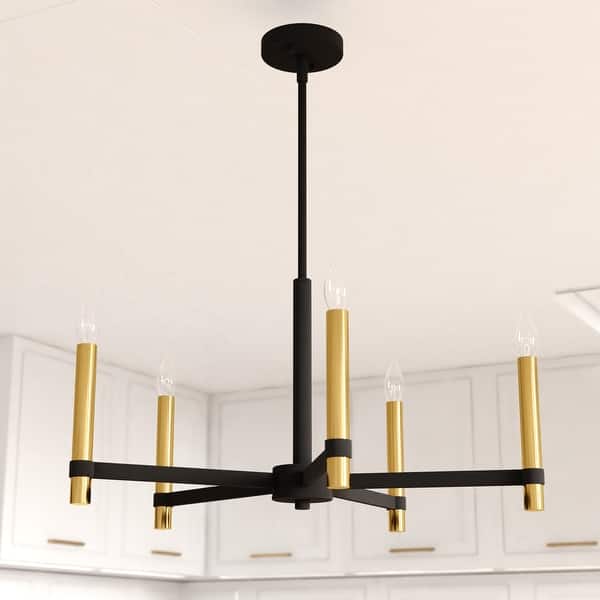 slide 2 of 15, Damen 5 Light Black and Brass Contemporary Candle Chandelier - 25-in W x 18.5-in H x 25-in D Matte Black and Natural Brass - 25-in W x 18.5-in H x 25-in D
