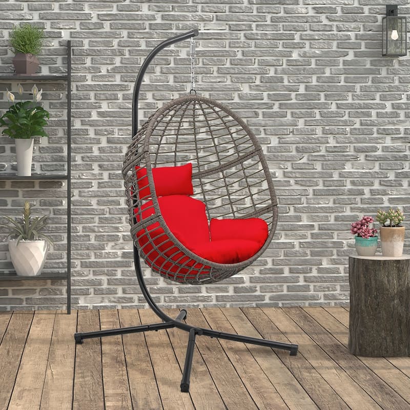 Maypex Outdoor Wicker Basket Swing Chair with Stand - Red