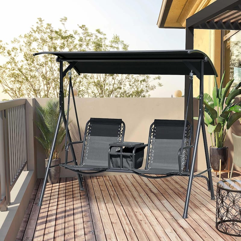2-Seater Porch Swing with Pivot Table, Cup Holder, Adjustable Canopy