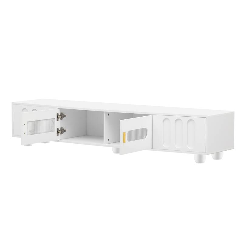 Contemporary 80" TV Stand with Glass Door, 2 Drawers & Cabinets, Solid Wood Legs, Metal Handles, TV Storage Console