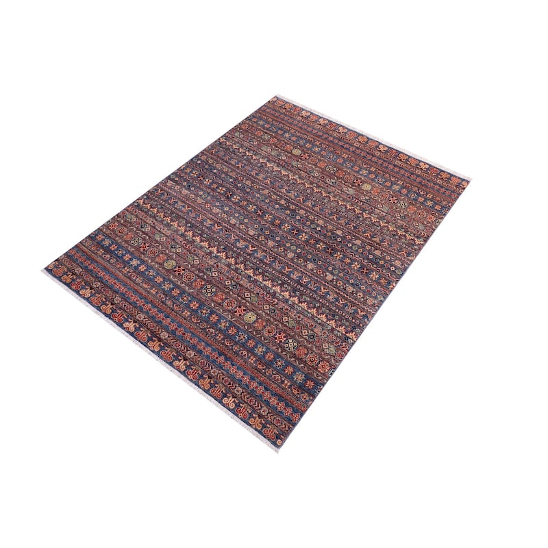 Transitional Khurgeen Freda Blue/Beige Hand-knotted Wool Rug - 4'9 x 6'8 - 4'11'' x 6'7''