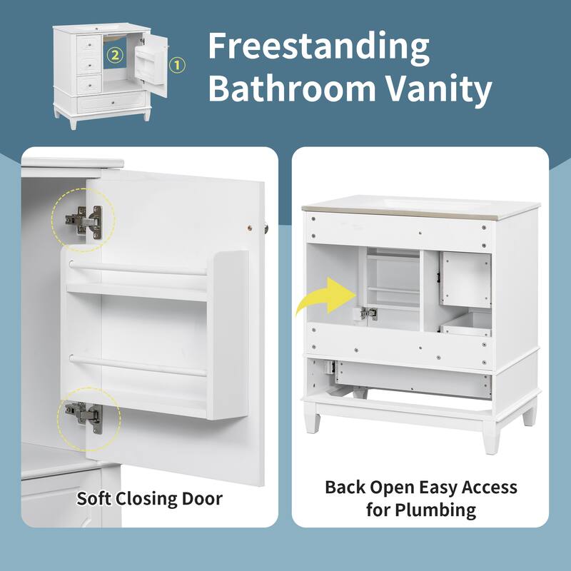 30" Bathroom Vanity With Sink, Freestanding Vanity Cabinet With Ceramic Basin, 3 Drawers, Storage Shelves Included