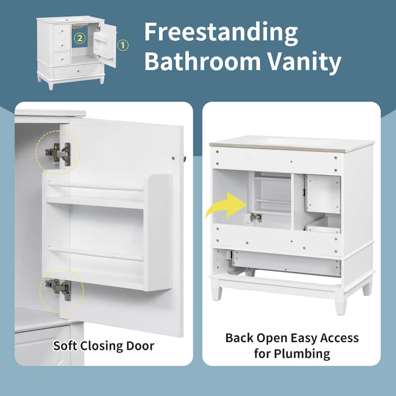 Freestanding 30 Inch Bathroom Vanity Cabinet with Sink, Soft-Close Door, Ceramic Top & Storage Shelves